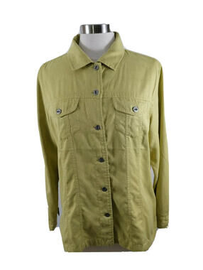 Chicos Womens Faux Suede LS Button Up Olive Green Blouse Shirt Size 2